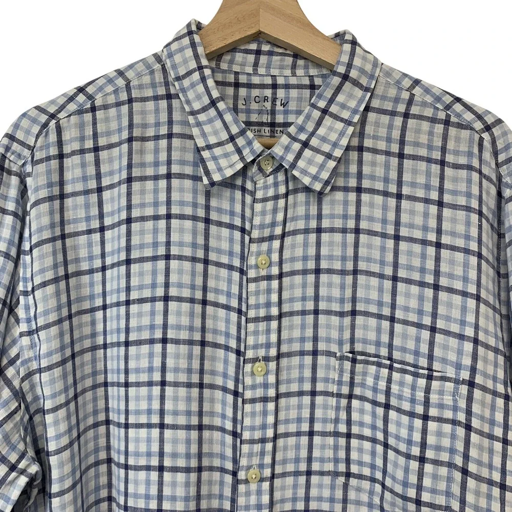 J Crew  Plaid Blue Irish Linen Button Up  Shirt Men  XL  Long Sleeve Travel Work